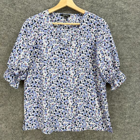 Well Worn Blouse Women S Small Blue Floral V-Neck 3/4 Sleeve Pullover Casual - Picture 1 of 7
